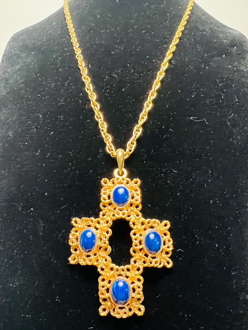 Sarah Coventry Gold-Tone Filigree Cross Necklace with Blue Cabochons